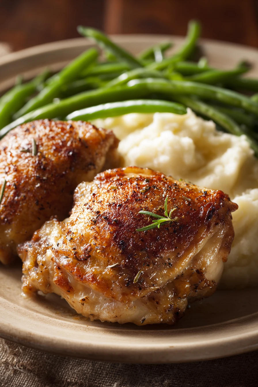 When Weeknight Cravings Hit: Roasted Chicken Thighs with Garlic Mashed Potatoes and Steamed Green Beans 2 Close-up of a chicken thigh dinner with creamy sauce and sides on a white plate.