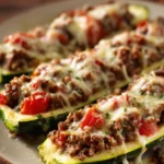When Dinner Calls for Comfort: Ground Beef Zucchini Boats to the Rescue 3 Close-up of ground beef zucchini boats with melted cheese and herbs