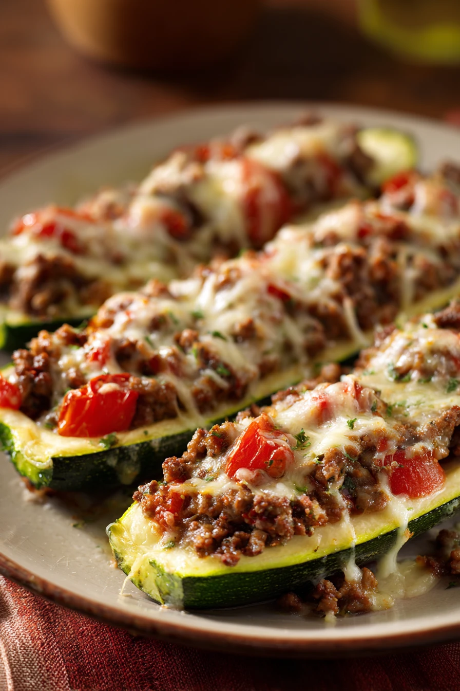 When Dinner Calls for Comfort: Ground Beef Zucchini Boats to the Rescue 2 Close-up of ground beef zucchini boats with melted cheese and herbs