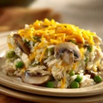 Close-up of a rice dinner casserole with visible ingredients in bright lighting.