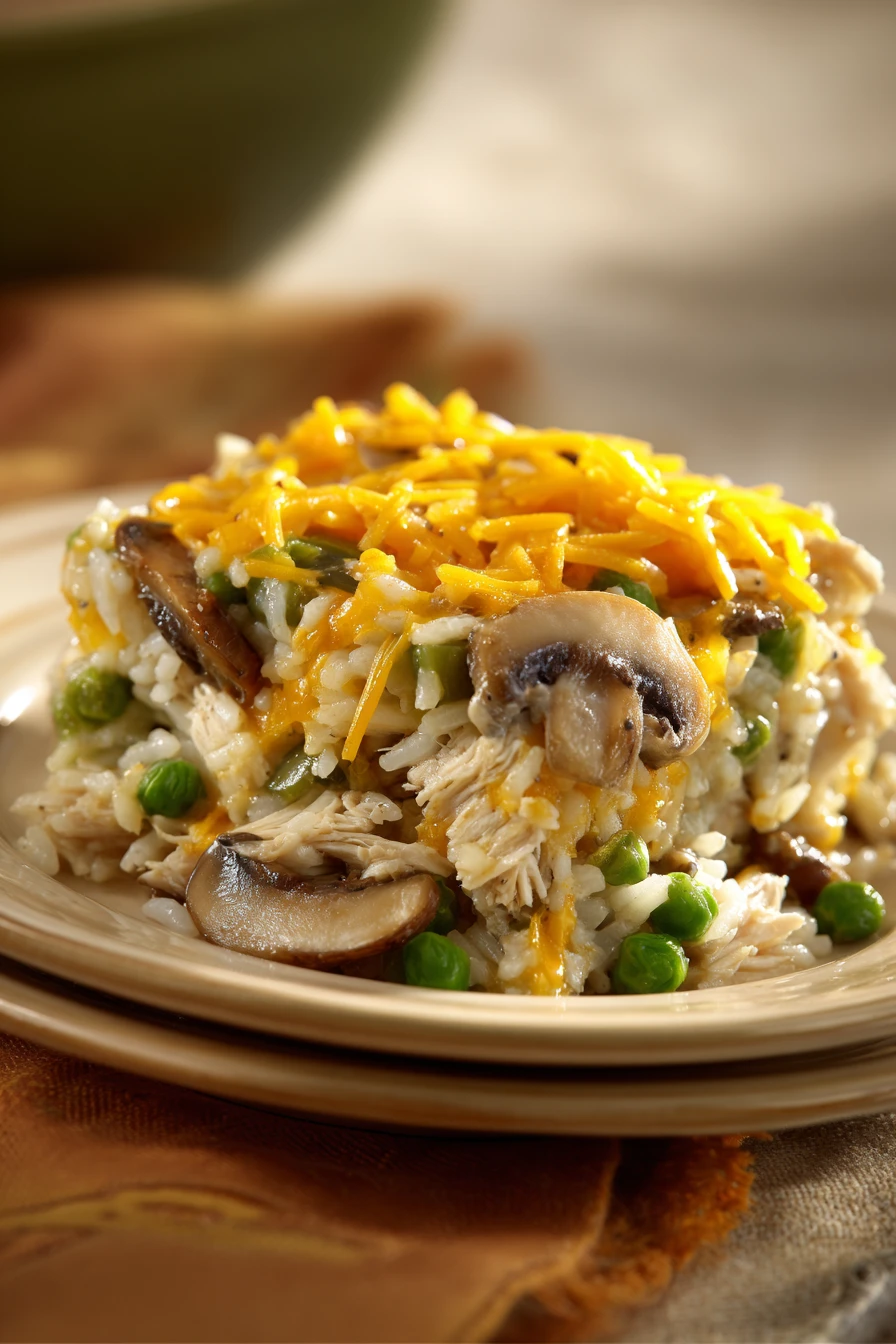 Close-up of a rice dinner casserole with visible ingredients in bright lighting.