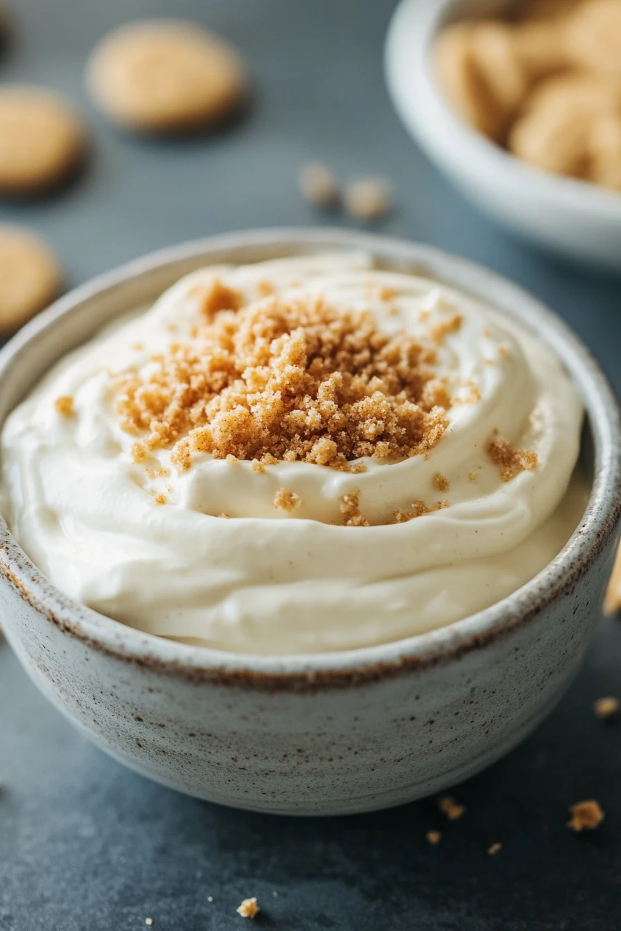 A Sweet Sugar Cookie Dip to Satisfy Midday Cravings 2 Close-up of sugar cookie dip with sprinkles in a white bowl on a clean background.