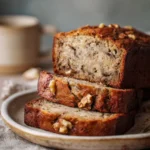 Close-up of freshly baked banana bread on a wooden board with a clean background.