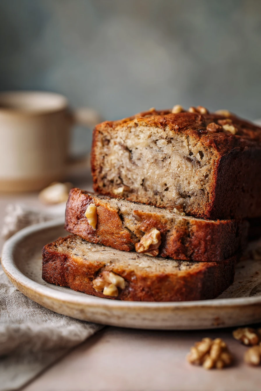 Close-up of freshly baked banana bread on a wooden board with a clean background.