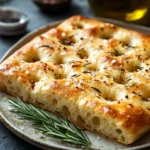 No Yeast Focaccia Bread for When You Need Bread in a Hurry 3 Close-up of freshly baked foccacia bread without yeast, showcasing its golden crust and texture.