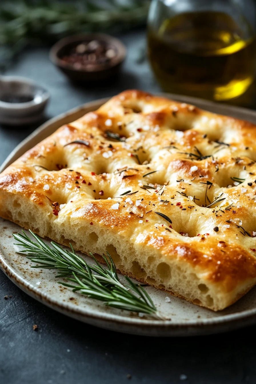 No Yeast Focaccia Bread for When You Need Bread in a Hurry 2 Close-up of freshly baked foccacia bread without yeast, showcasing its golden crust and texture.