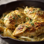 Close-up of a French Onion Chicken Skillet with golden-brown chicken and caramelized onions.