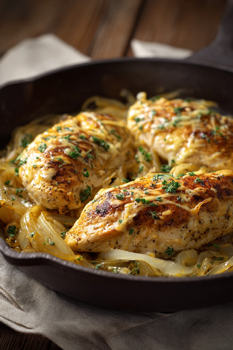 Close-up of a French Onion Chicken Skillet with golden-brown chicken and caramelized onions.