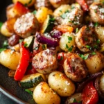Sheet Pan Gnocchi with Chicken Sausage for a Cozy Weeknight Dinner 3 Close-up of gnocchi with chicken sausage on a sheet pan, garnished with herbs.