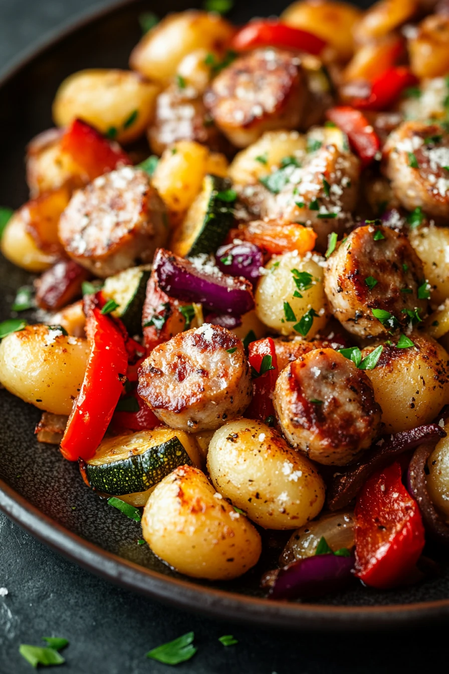 Sheet Pan Gnocchi with Chicken Sausage for a Cozy Weeknight Dinner 2 Close-up of gnocchi with chicken sausage on a sheet pan, garnished with herbs.