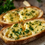 Close-up of golden garlic bread slices without cheese on a wooden board.