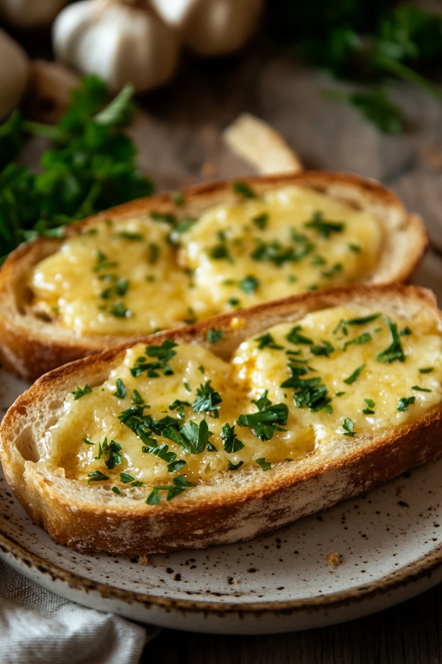Close-up of golden garlic bread slices without cheese on a wooden board.