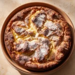 Close-up of a greek yogurt lemon coffee cake with a golden crust and lemon slices on top.