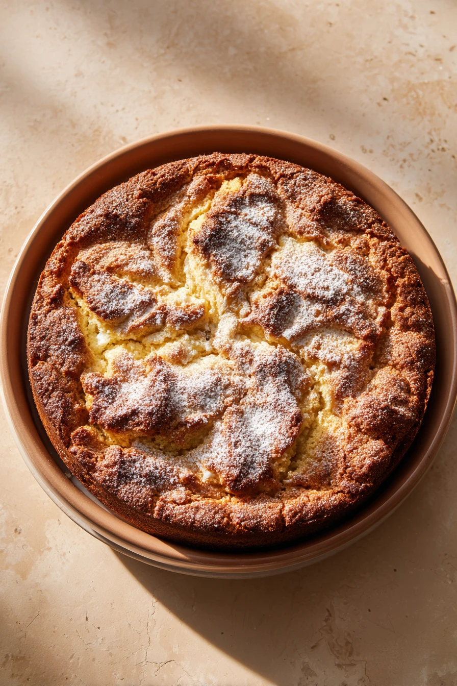 Close-up of a greek yogurt lemon coffee cake with a golden crust and lemon slices on top.