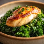 When Dinner Calls for Juicy Pan-Seared Chicken Breast with Sautéed Kale 3 Close-up of grilled chicken breast with fresh kale on a white plate