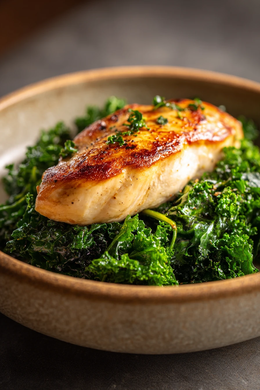 When Dinner Calls for Juicy Pan-Seared Chicken Breast with Sautéed Kale 2 Close-up of grilled chicken breast with fresh kale on a white plate