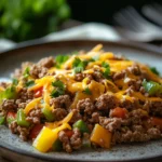 Close-up of a sizzling ground beef dinner on a Blackstone grill with vibrant colors