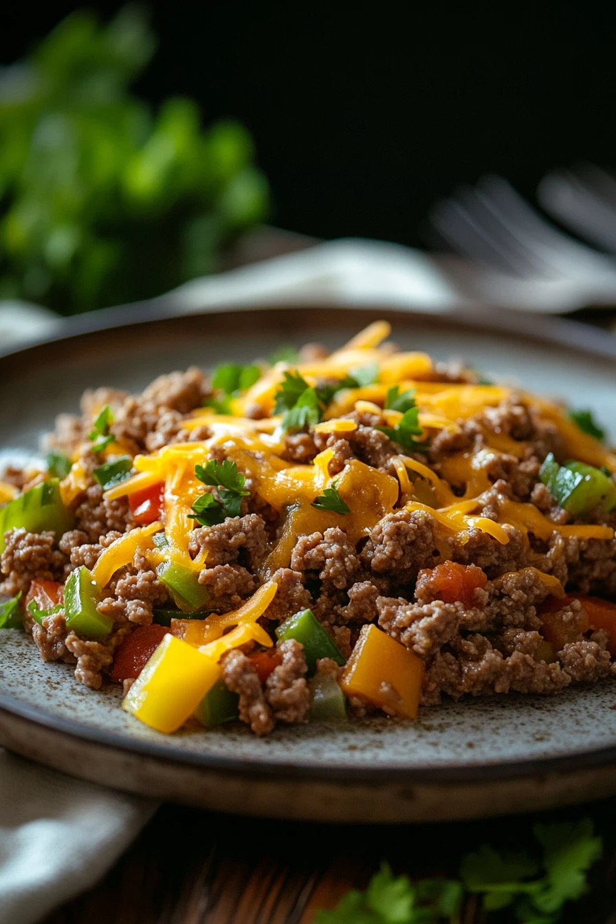 Close-up of a sizzling ground beef dinner on a Blackstone grill with vibrant colors