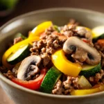 Close-up of a low calorie ground beef dinner with bright, natural lighting.