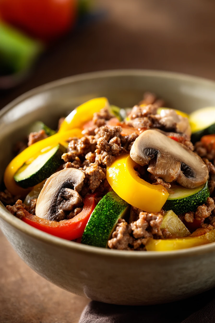 Close-up of a low calorie ground beef dinner with bright, natural lighting.