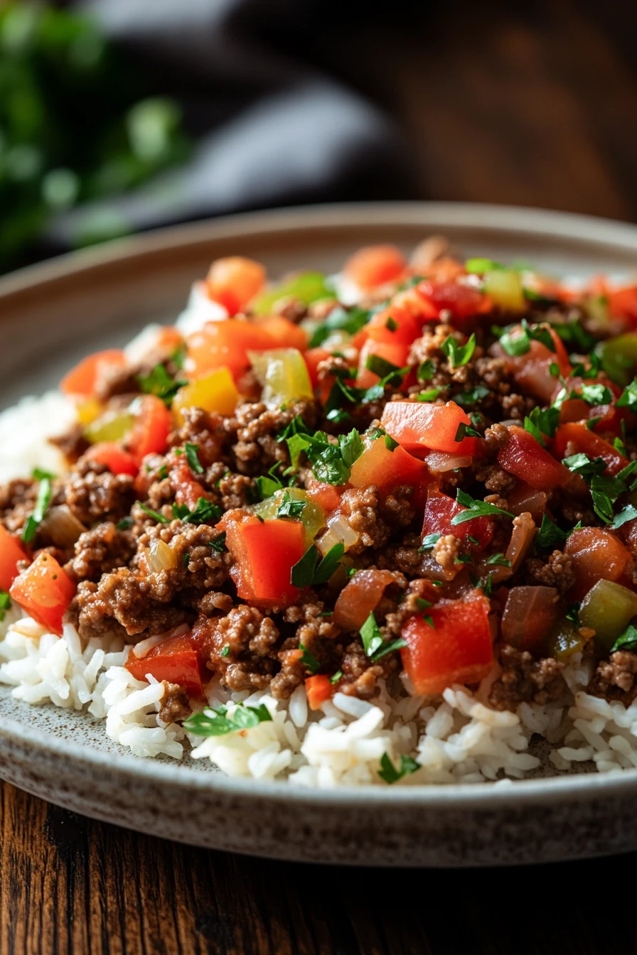 Close-up of a hearty ground beef dinner with vegetables, perfect for a no milk recipe.