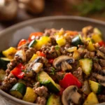 Hearty Ground Beef Dinner for When You Need Comfort Without Pasta 3 Close-up of a vibrant ground beef dinner with vegetables, no pasta, on a clean plate.