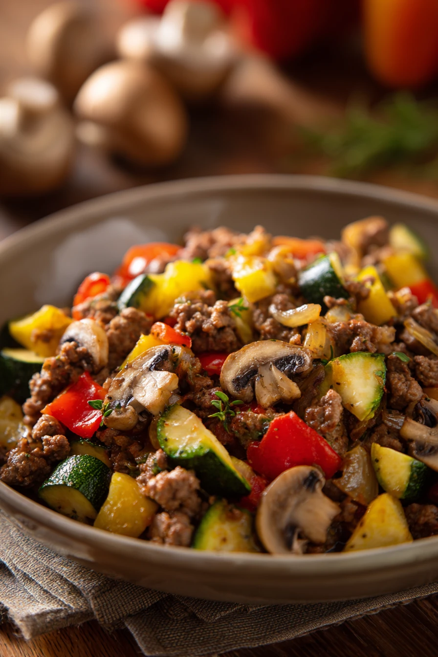 Hearty Ground Beef Dinner for When You Need Comfort Without Pasta 2 Close-up of a vibrant ground beef dinner with vegetables, no pasta, on a clean plate.