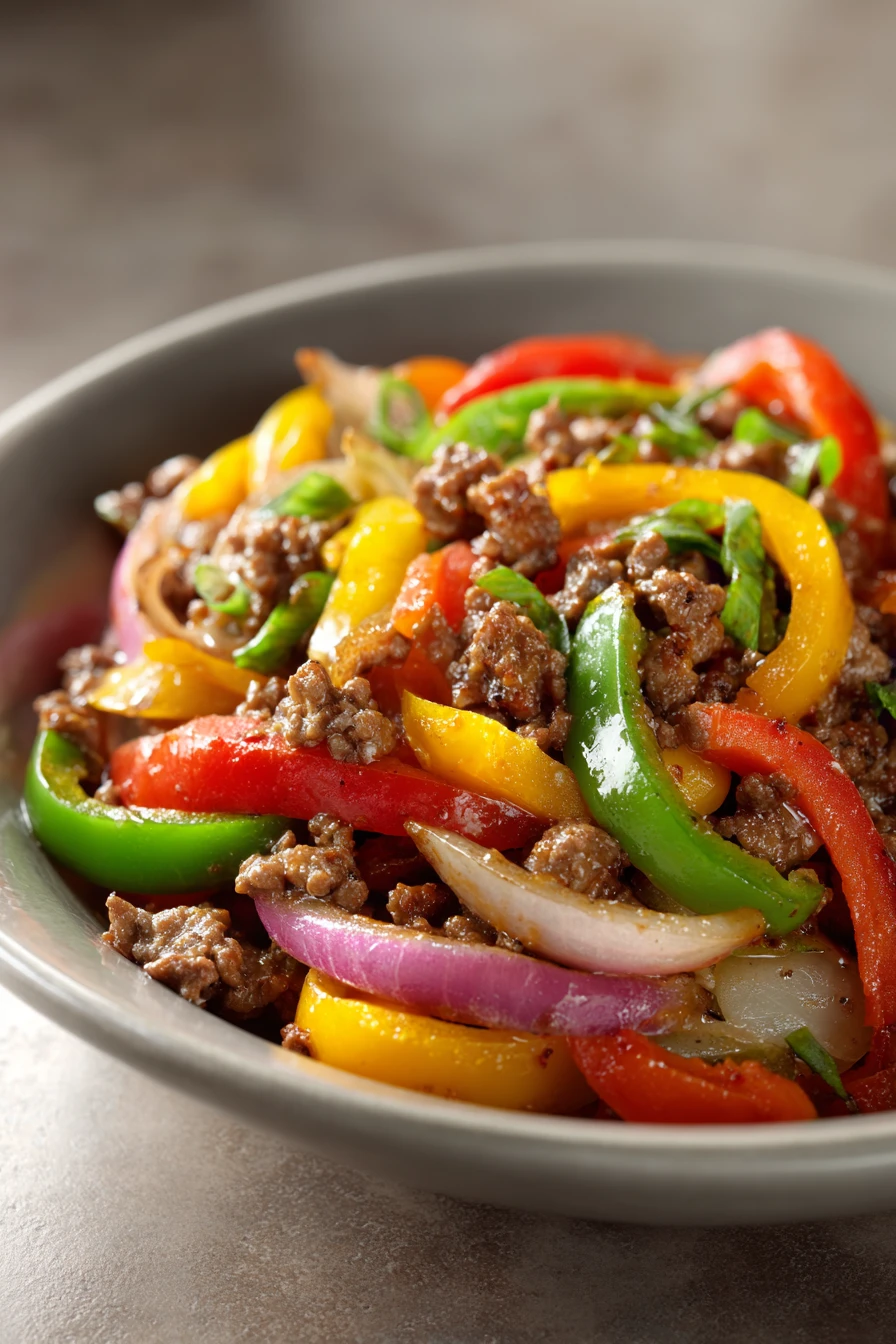Close-up of sizzling ground beef fajitas with colorful peppers and onions