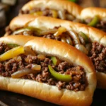 Close-up of a ground beef philly cheese steak with melted cheese and peppers