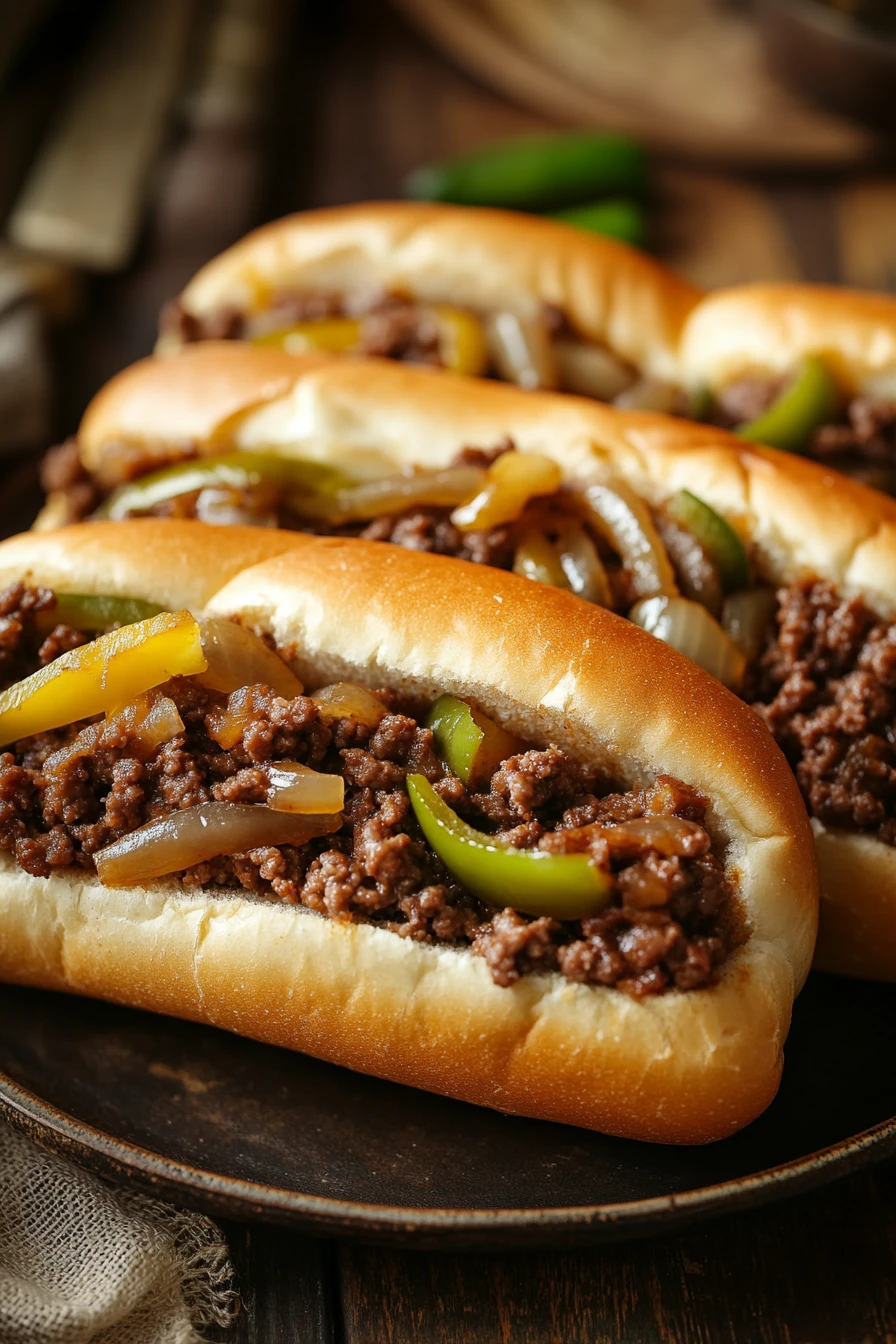 Close-up of a ground beef philly cheese steak with melted cheese and peppers