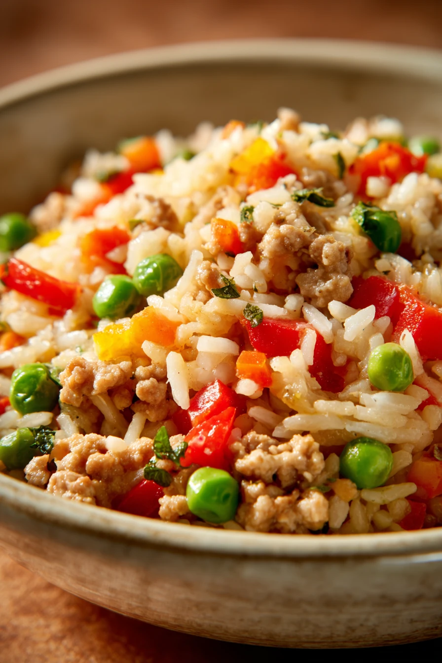 Close-up of a ground turkey and rice dish with vibrant colors and textures.