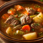Close-up of a hearty slow cooker soup with beef and vegetables in a white bowl.