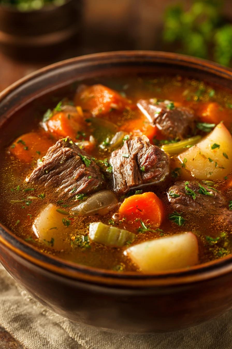 Close-up of a hearty slow cooker soup with beef and vegetables in a white bowl.