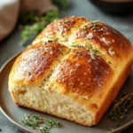 Close-up of freshly baked herb bread with a golden crust and visible herbs