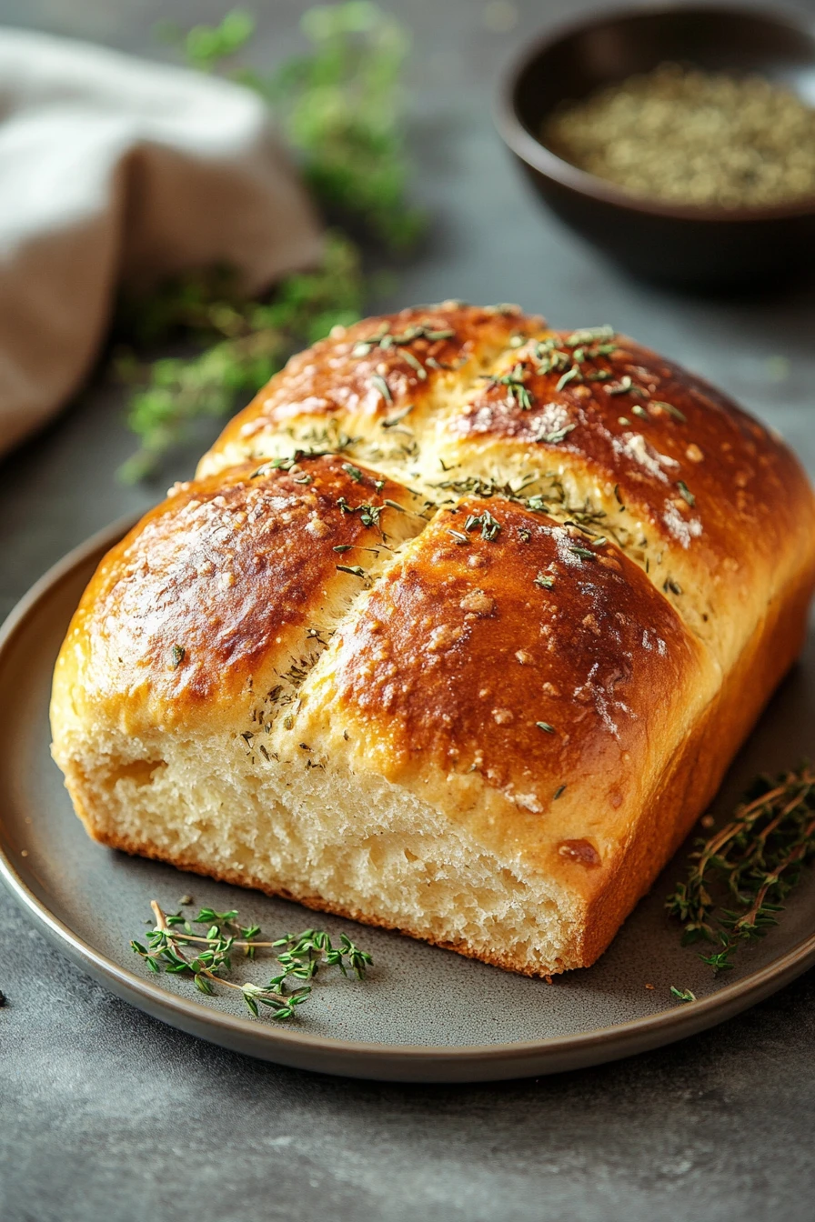 Close-up of freshly baked herb bread with a golden crust and visible herbs