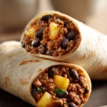 When Dinner Calls for a Hearty High Protein Beef and Potato Burrito 3 Close-up of a high protein beef and potato burrito with bright natural lighting.