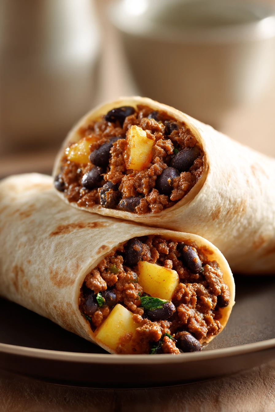 When Dinner Calls for a Hearty High Protein Beef and Potato Burrito 2 Close-up of a high protein beef and potato burrito with bright natural lighting.