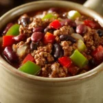 Close-up of a hearty beef chili with visible chunks of beef, beans, and spices in a rich sauce.