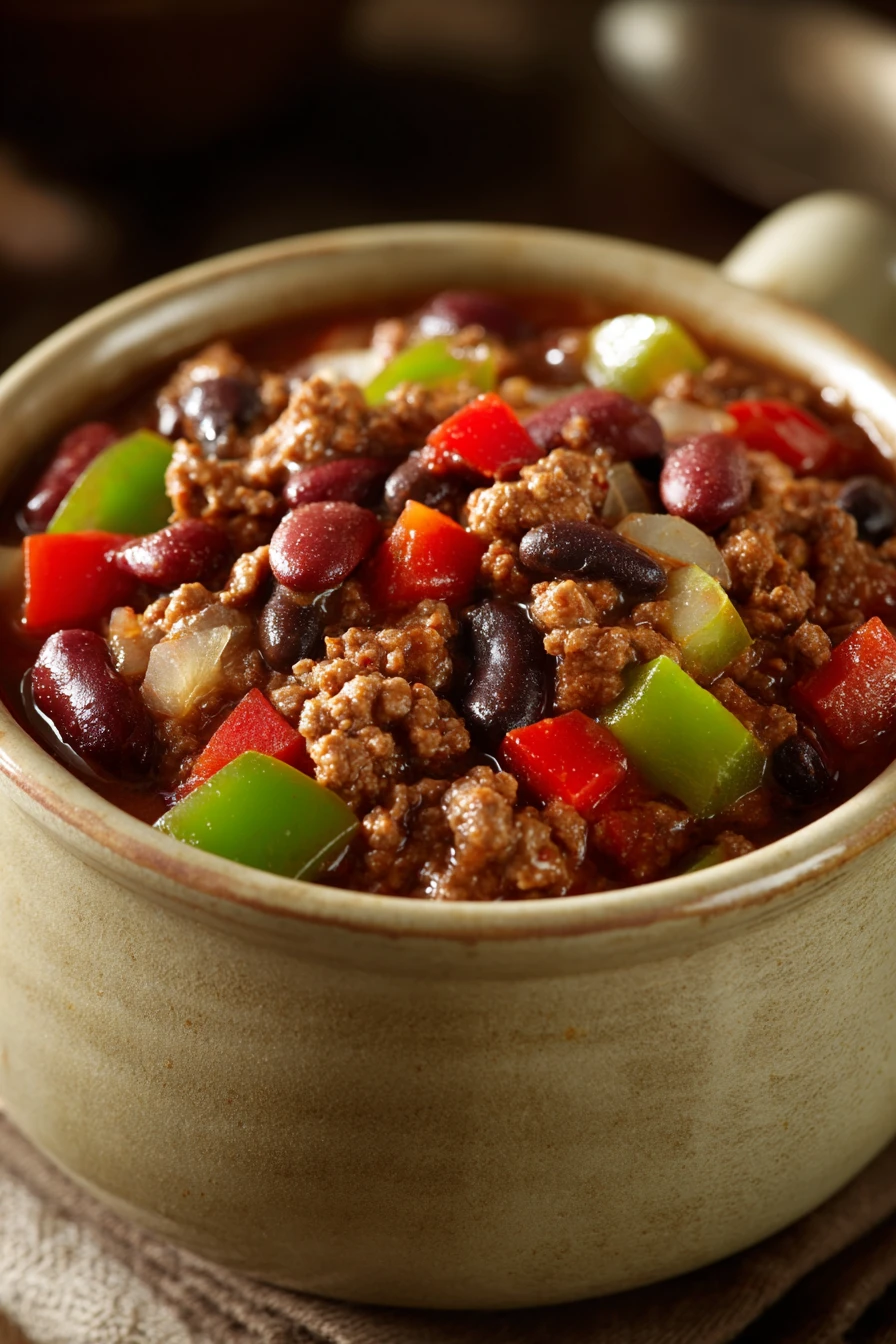 Close-up of a hearty beef chili with visible chunks of beef, beans, and spices in a rich sauce.
