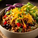 Close-up of a high protein beef enchilada bowl with vibrant toppings and warm lighting