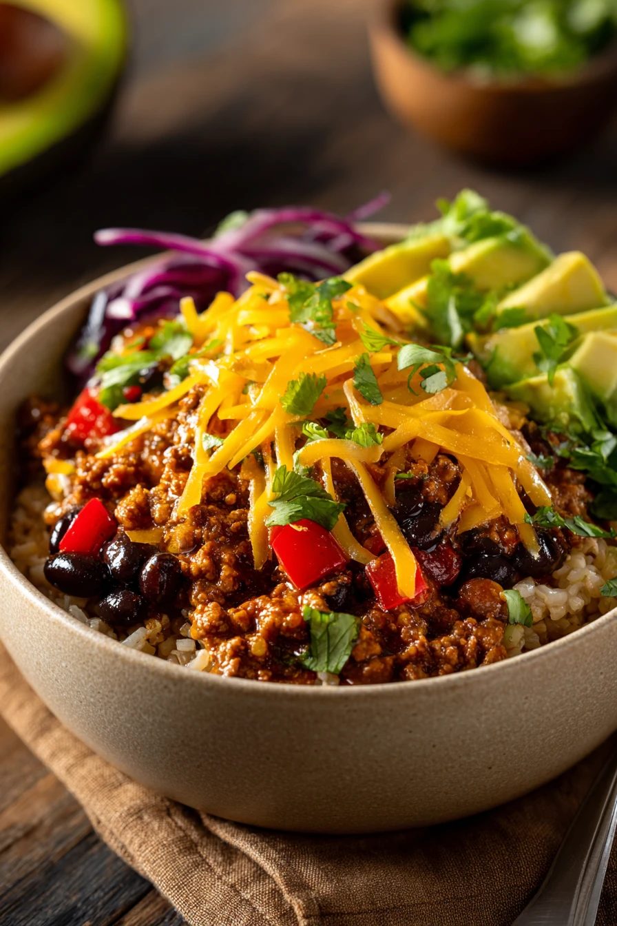 Close-up of a high protein beef enchilada bowl with vibrant toppings and warm lighting