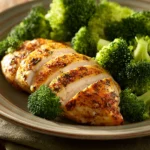 High Protein Chicken and Broccoli to Satisfy a Busy Weeknight Hunger 3 Close-up of high protein chicken and broccoli dish with bright lighting and clean background.