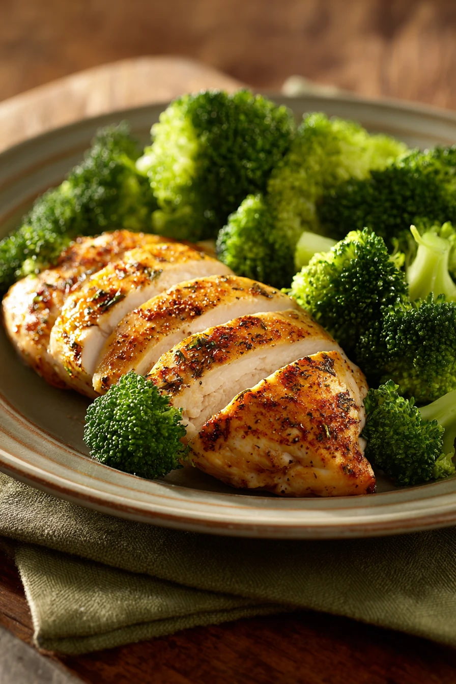 High Protein Chicken and Broccoli to Satisfy a Busy Weeknight Hunger 2 Close-up of high protein chicken and broccoli dish with bright lighting and clean background.