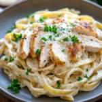 When You Need Comfort Fast: High Protein Chicken Fettuccine Alfredo 3 Close-up of creamy chicken fettuccine alfredo with visible pasta and sauce
