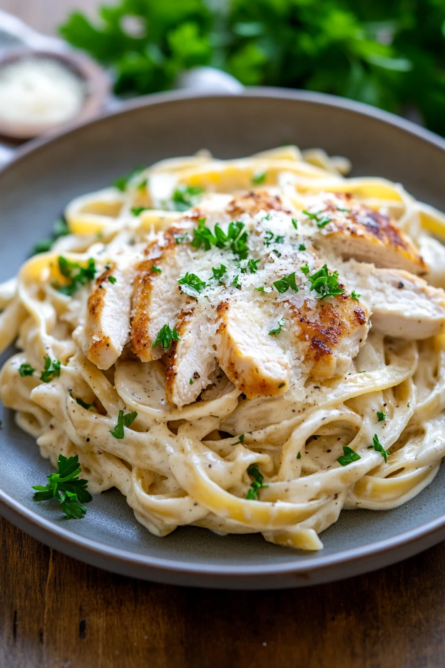 When You Need Comfort Fast: High Protein Chicken Fettuccine Alfredo 2 Close-up of creamy chicken fettuccine alfredo with visible pasta and sauce