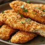 Close-up of crispy high protein chicken fries with golden brown texture.