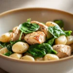 Close-up of creamy chicken gnocchi with herbs in a white bowl