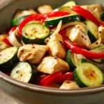 Close-up of a high protein chicken dish with zucchini in bright natural lighting.