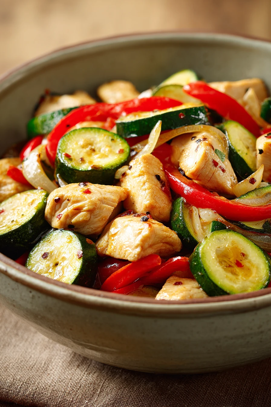 Close-up of a high protein chicken dish with zucchini in bright natural lighting.