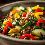 When Dinner Calls for a High Protein Low Carb Ground Beef Skillet 3 Close-up of a high protein low carb dish with ground beef, garnished with herbs